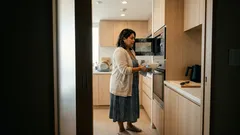 電子レンジの置き場を変えるだけで、キッチンはここまで変わる：高さと柱収納で整える安全動線